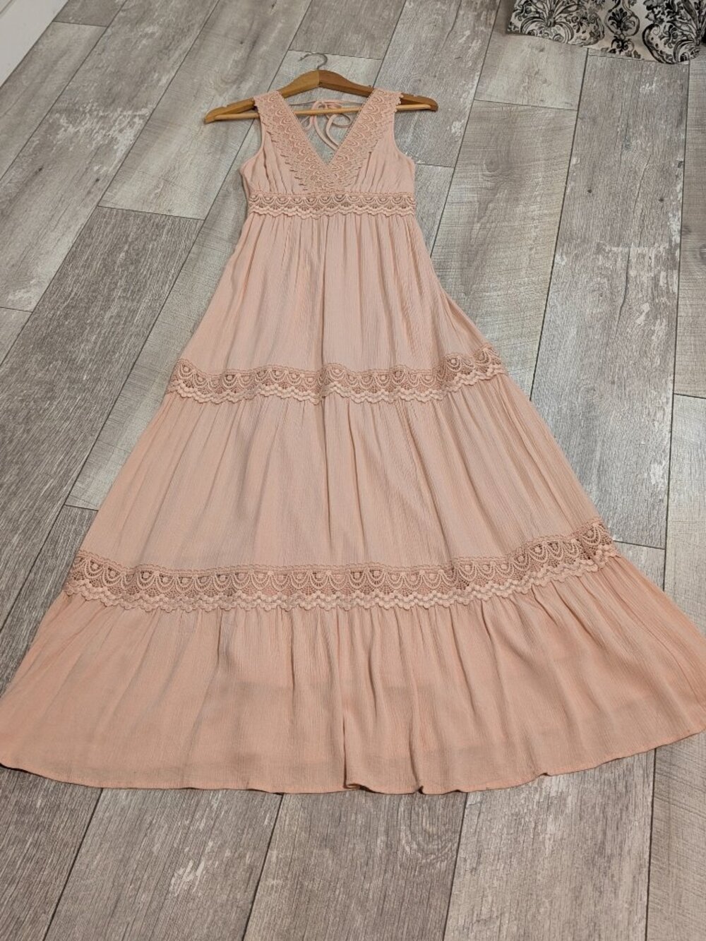 Blush Pink Lace Tiered Maxi Dress S Coquette Romantic Prairie Fairycore NWOT - Picture 7 of 11